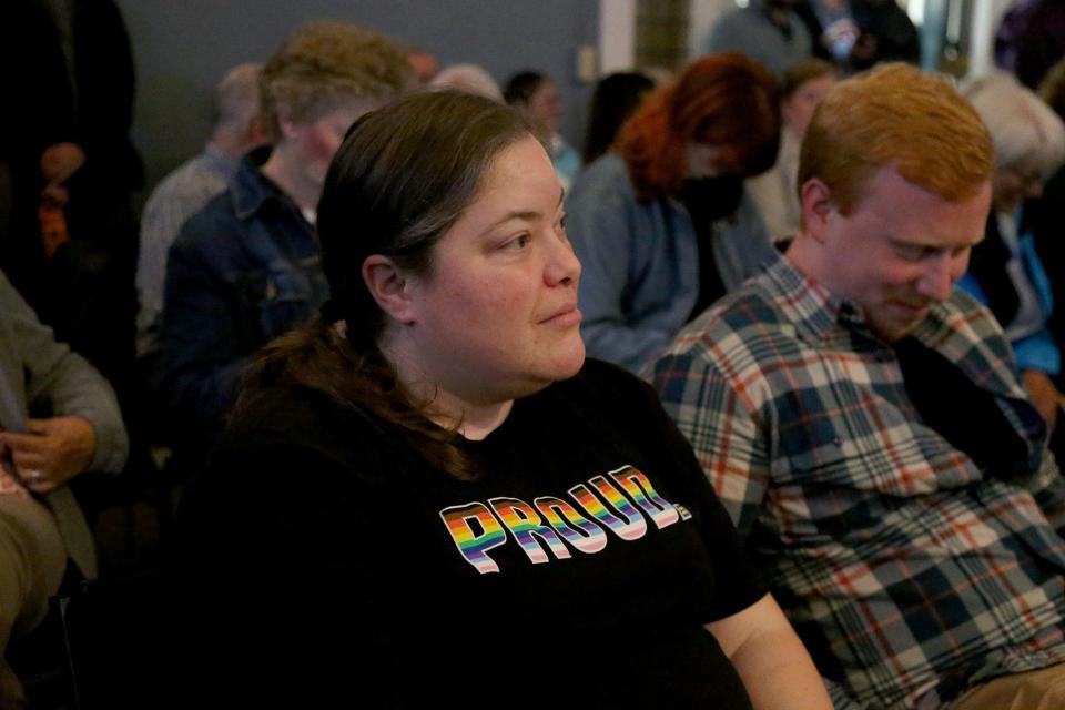 Rochester resident Gina Randall, attending the Tuesday, Sept. 6, 2022 City Council meeting, came out to oppose a book ban proposed against books on LGBTQ+ topics.