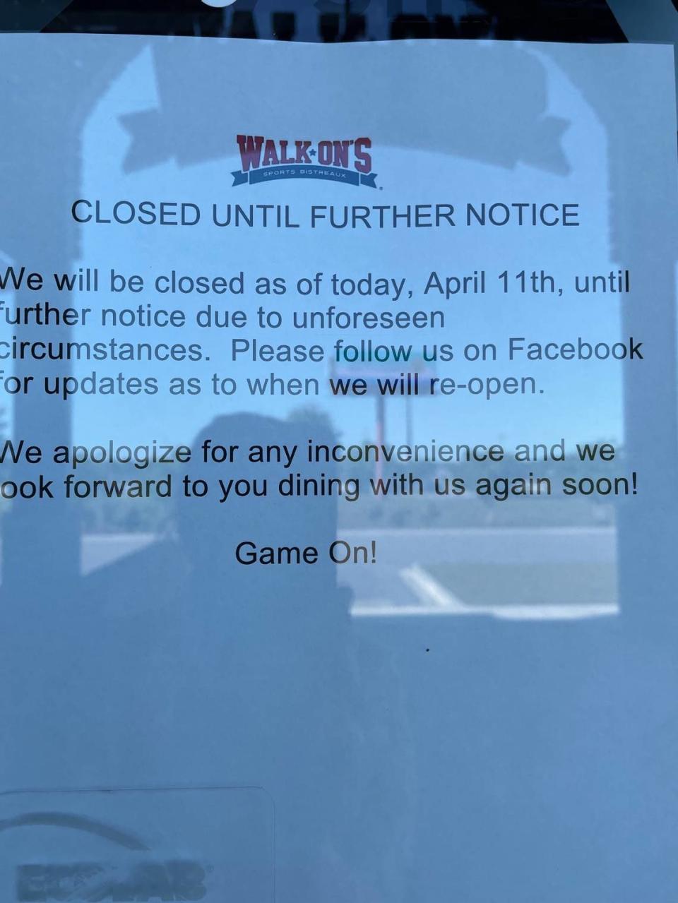 Walk-On’s Sports Bistreaux on Highway 501 closed April 11 due to unforeseen circumstances. It is not clear if or when they’ll reopen. April 15, 2023.