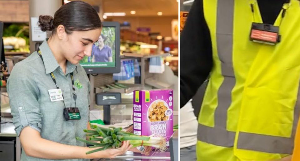 A Woolworths worker scanning fresh produce through the till while wearing a body cam (left). A worker was spotted wearing a body cam around their neck help customers at self checkout (right).