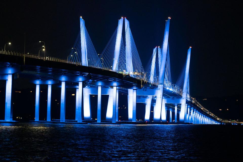 The Gov. Mario M. Cuomo Bridge is lit in blue each Sept. 11. Thousands of banks of LED fixtures line the twin-span bridge, making an infinite number of scenes possible.