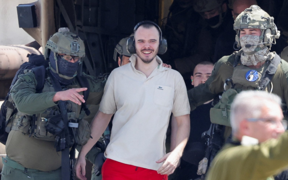 Andrey Kozlov, a released hostage reacts, after the military said that Israeli forces have rescued four hostages alive from the central Gaza Strip