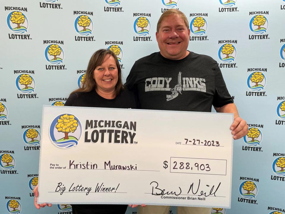 Kristin Murawski, 46, matched the winning Fantasy 5 numbers to win $288,903 in the Michigan Lottery. She won on her husband, Scott Murawski's birthday.