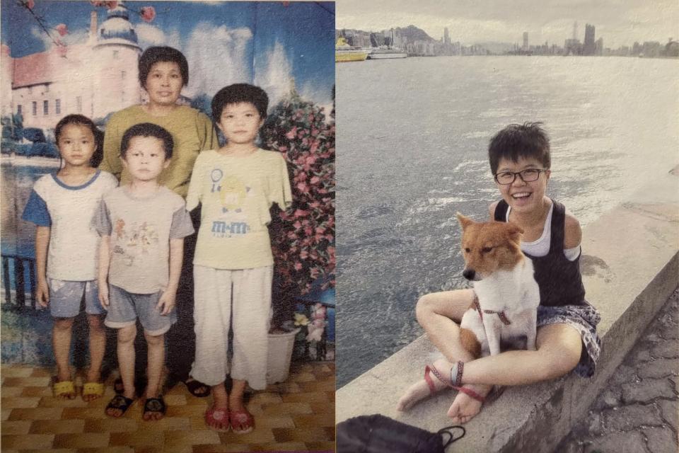 (Left) Xiaofang’s first family photo following the accident, including her mother, brother and sister; (right) Xiaofang and her pet dog Miaomiao. The picture is reproduced from Xiaofang's autobiography 