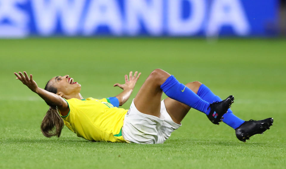 Marta of Brazil reacts during the 2019 FIFA Women's World Cup France Round Of 16 match between France and Brazil at Stade Oceane on June 23, 2019 in Le Havre, France. (Photo by Martin Rose/Getty Images)