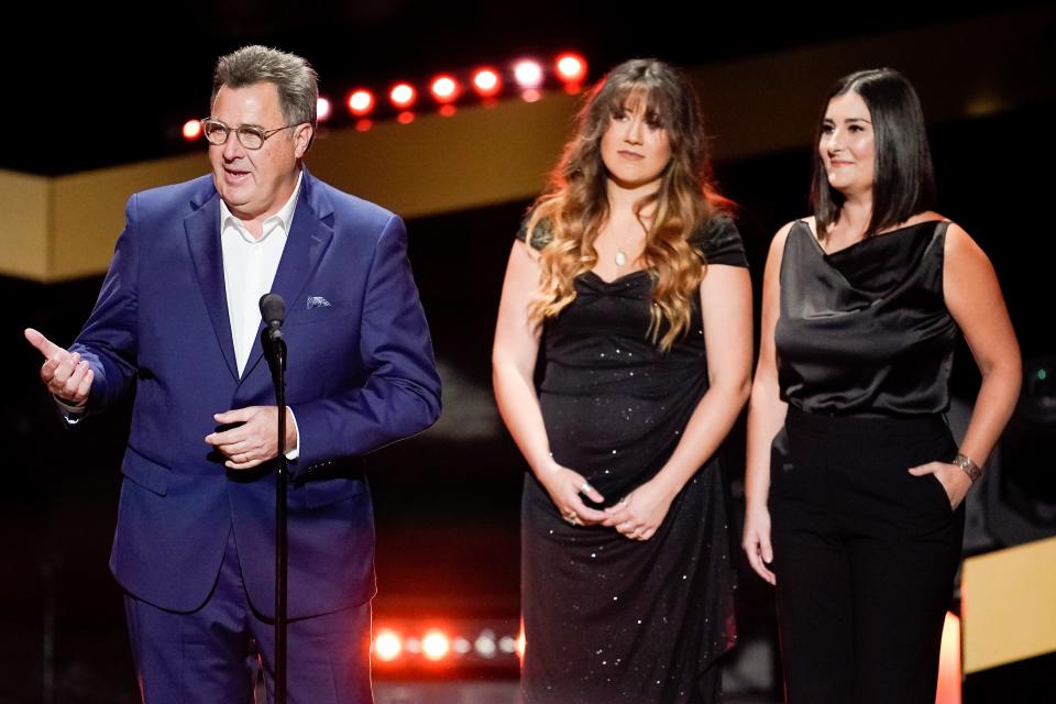 Vince Gill speaks during the taping of the CMT Giants: Vince Gill special at The Fisher Center for the Performing Arts in Nashville, Tenn., Monday, Sept. 12, 2022.