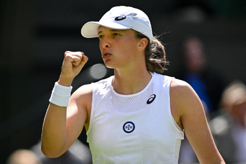 Iga Swiatek, pictured here in action against Jana Fett on centre court at Wimbledon.