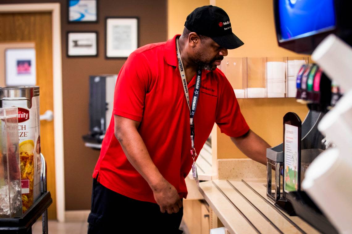 Marcus Graves, who grew up in Fort Worth’s 76104 ZIP code, cleans the counters at the end of the day Feb. 21, 2020, at Medical City in North Richland Hills. Graves was a child when a school nurse told him he had high blood pressure. At 39, a stroke nearly killed him and left him paralyzed on the right side of his body.