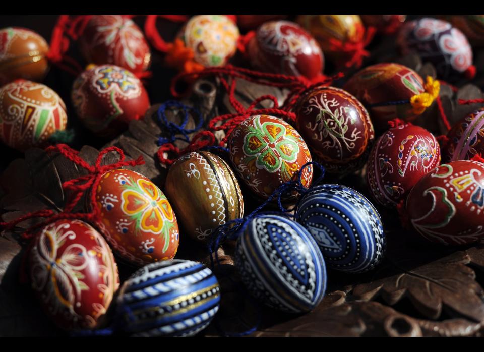 A picture shows hand-painted Easter eggs displayed for sale at a market in downtown Sofia on March 30, 2010.     AFP PHOTO / DIMITAR DILKOFF (Photo credit should read DIMITAR DILKOFF/AFP/Getty Images)