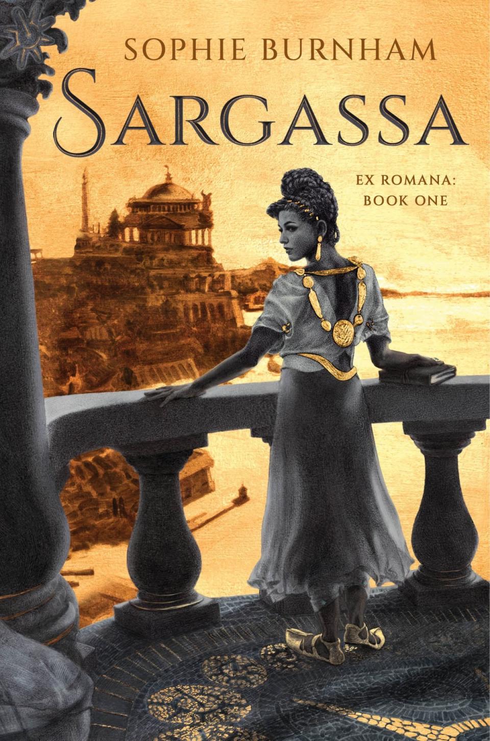 Sargassa cover, a woman standing in roman garb and colored in gold and black and white