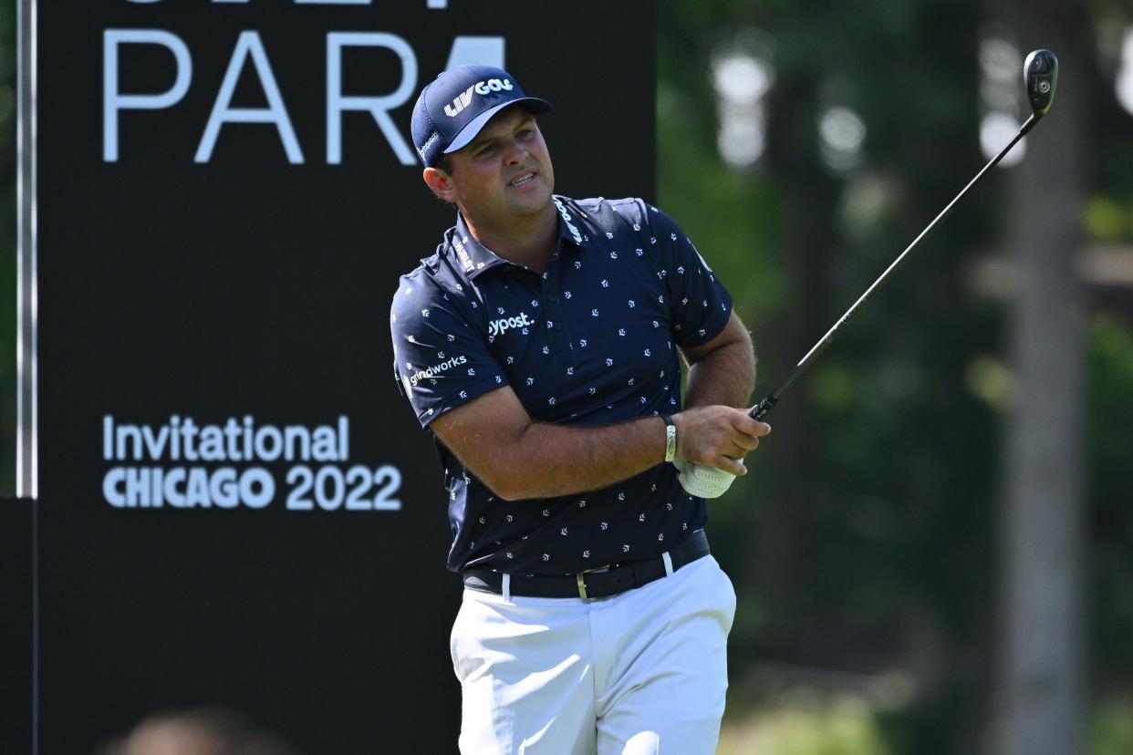 Patrick Reed tees off from the 12th tee box during the first round of a LIV Golf tournament at Rich Harvest Farms in September. Reed's attorney filed a new $250 million defamation lawsuit this week.