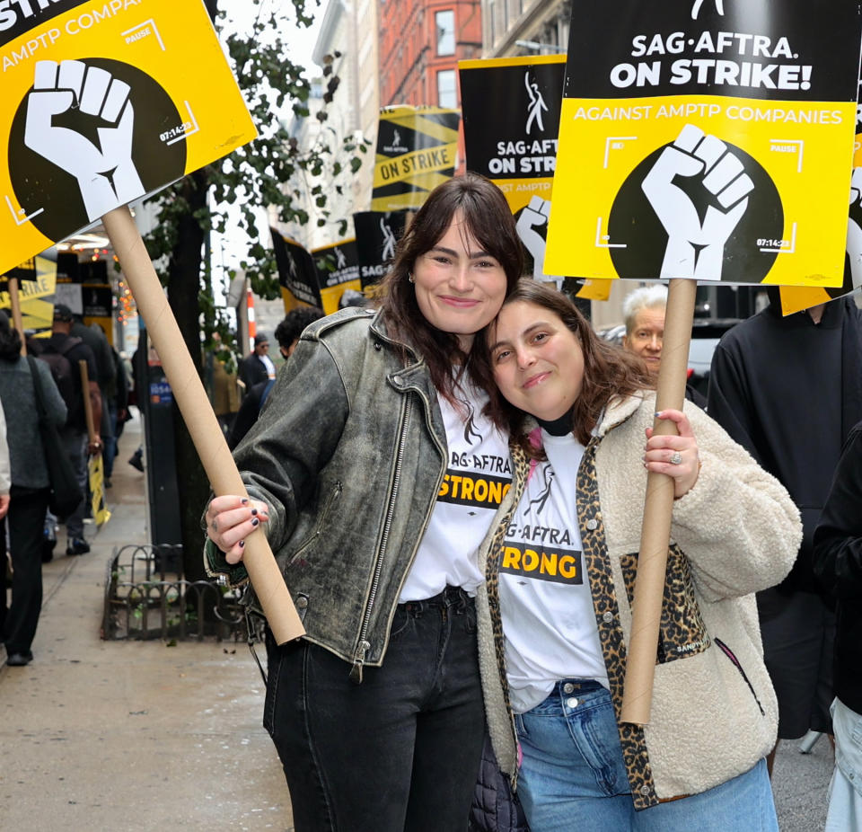 NEW YORK, NY - OCTOBER 30: Kathryn Gallagher and Beanie Feldstein are seen on the SAG-AFTRA picket line on October 30, 2023 in New York City.  (Photo by Jose Perez/Bauer-Griffin/GC Images)
