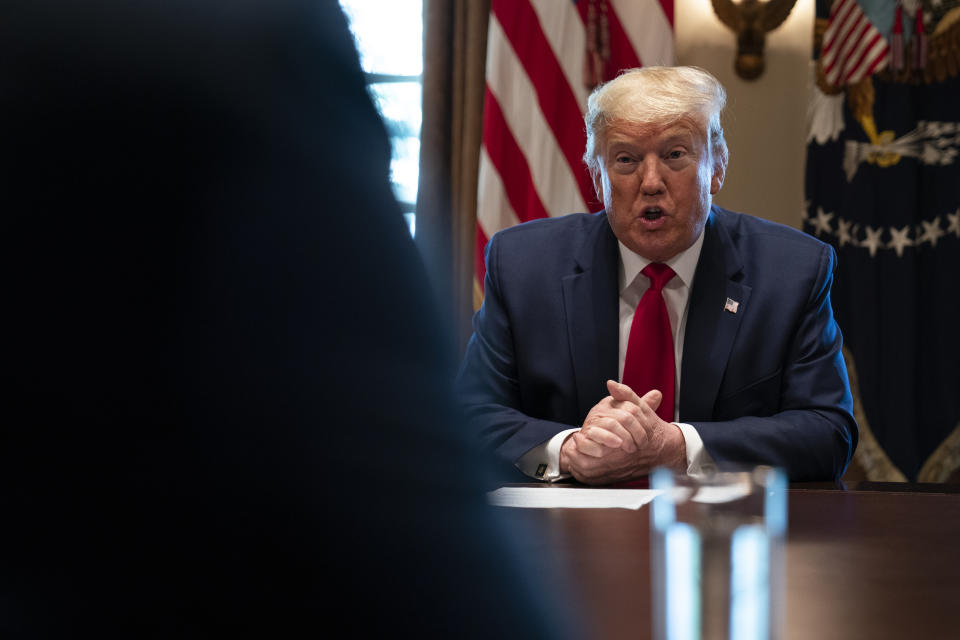 President Donald Trump speaks during a meeting with energy sector business leaders in the Cabinet Room of the White House, Friday, April 3, 2020, in Washington. (AP Photo/Evan Vucci)