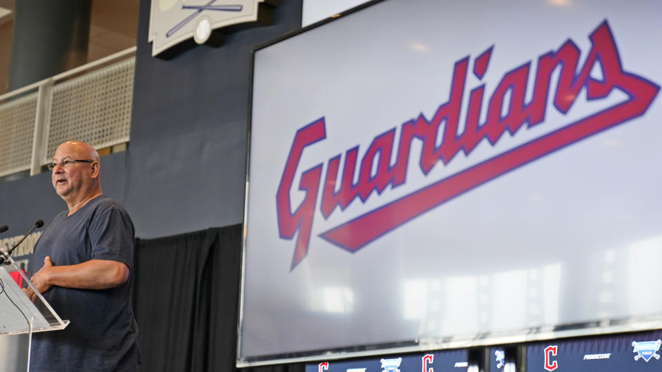 Cleveland Indians manager Terry Francona speaks at a news conference, Friday, July 23, 2021, in Cleveland. Known as the Indians since 1915, Cleveland's Major League Baseball team will be called Guardians. The ballclub announced the name change Friday, effective at the end of the 2021 season. (AP Photo/Tony Dejak)