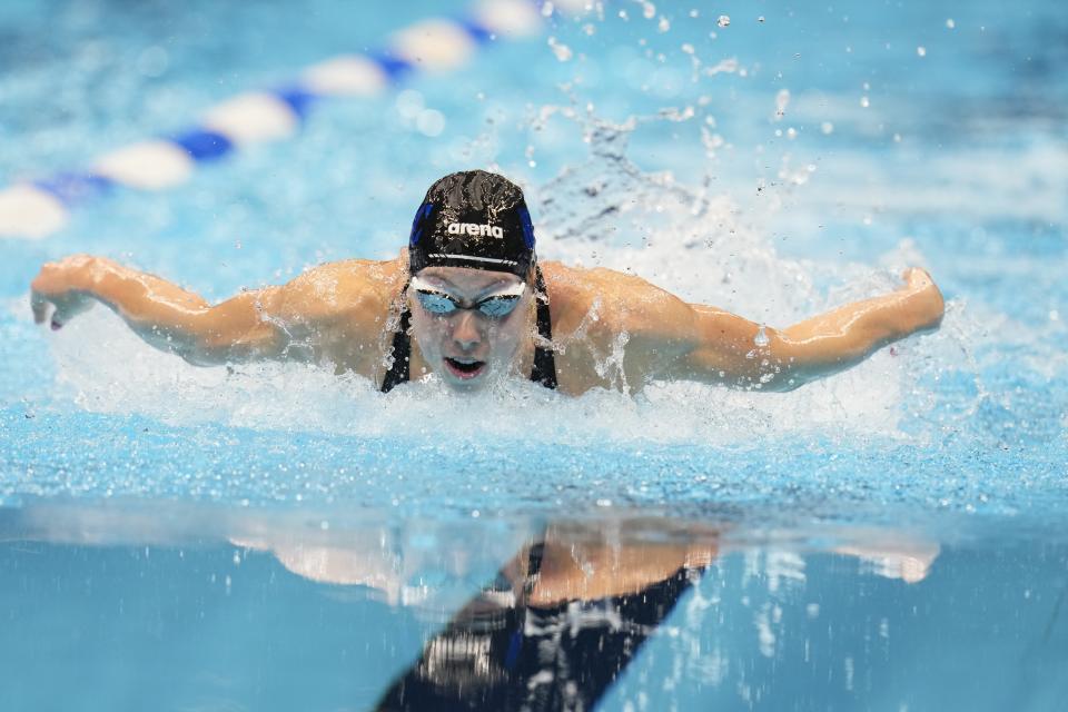 Gretchen Walsh swims during the Women's 100 butterfly semifinals heat Saturday, June 15, 2024, at the US Swimming Olympic Trials in Indianapolis. (AP Photo/Michael Conroy)