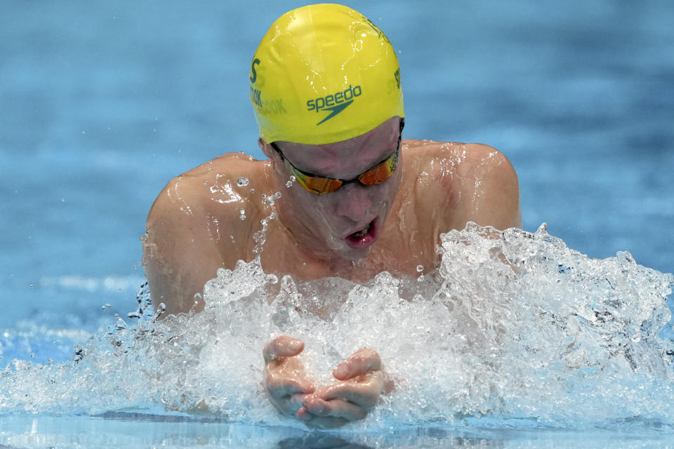 Izaac Stubbblety-Cook of Australia swims in the men's 200-meter breaststroke final at the 2020 Summer Olympics, Thursday, July 29, 2021, in Tokyo, Japan. (AP Photo/Matthias Schrader)