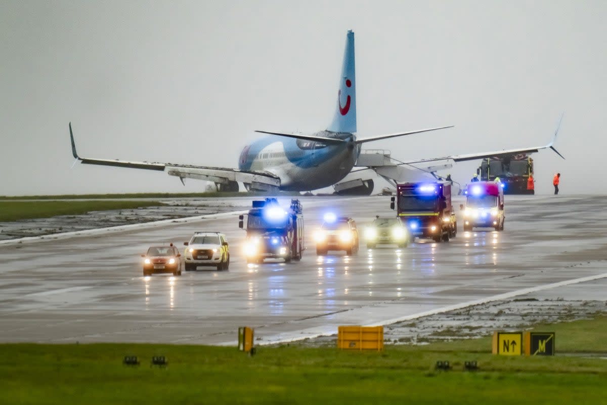 Emergency services attended the scene after a passenger plane came off the runway at Leeds Bradford Airport (Danny Lawson/PA)