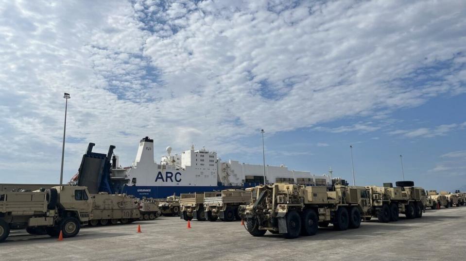 Military vehicles transported aboard the ARC Endurance in Alexandroupoli, Greece. (Photo: ARC)