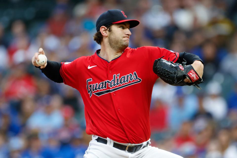 Cleveland Guardians starting pitcher Gavin Williams delivers against the Toronto Blue Jays during the first inning of a baseball game, Monday, Aug. 7, 2023, in Cleveland. (AP Photo/Ron Schwane)