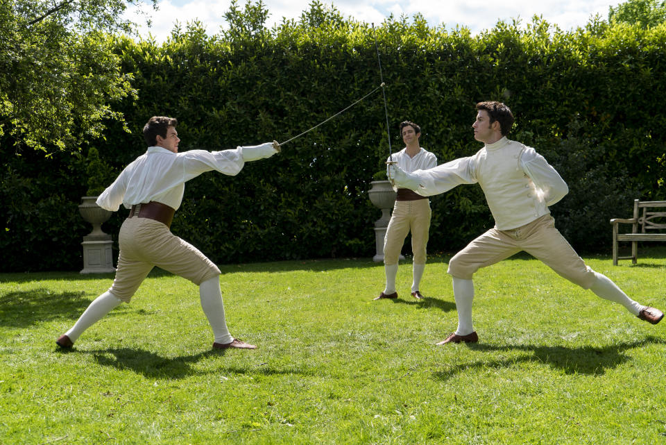 From left: Luke Newton as Colin Bridgerton, Luke Thompson as Benedict Bridgerton, Jonathan Bailey as Anthony Bridgerton - Credit: Liam Daniel/Netflix