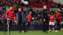 <p>Jose Mourinho overlooking United’s pre-match warm-up </p>