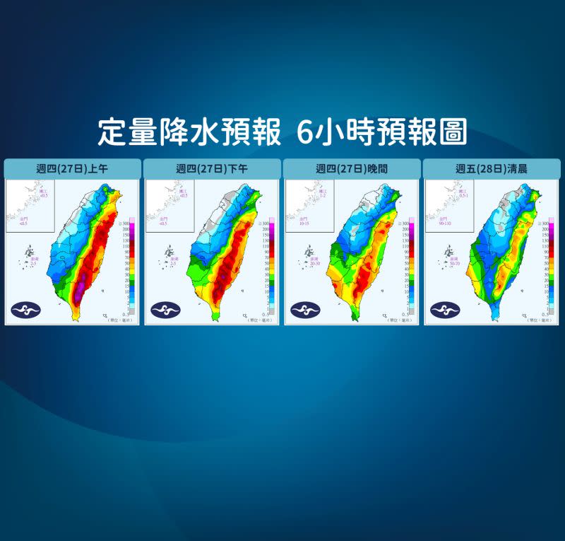 ▲杜蘇芮颱風2日「定水定量預報」，直至28日清晨颱風離去後才會讓雨勢趨緩。（圖/中央氣象局）