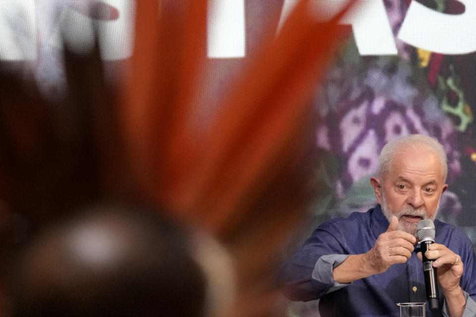 Brazil's President Luiz Inacio Lula da Silva speaks during the closing ceremony of the 1st Ordinary Meeting of the National Council for Indigenous Policy, in Brasilia, Brazil, Thursday, April 18, 2024. The council, dissolved in 2019, was revived in 2023. (AP Photo/Eraldo Peres)