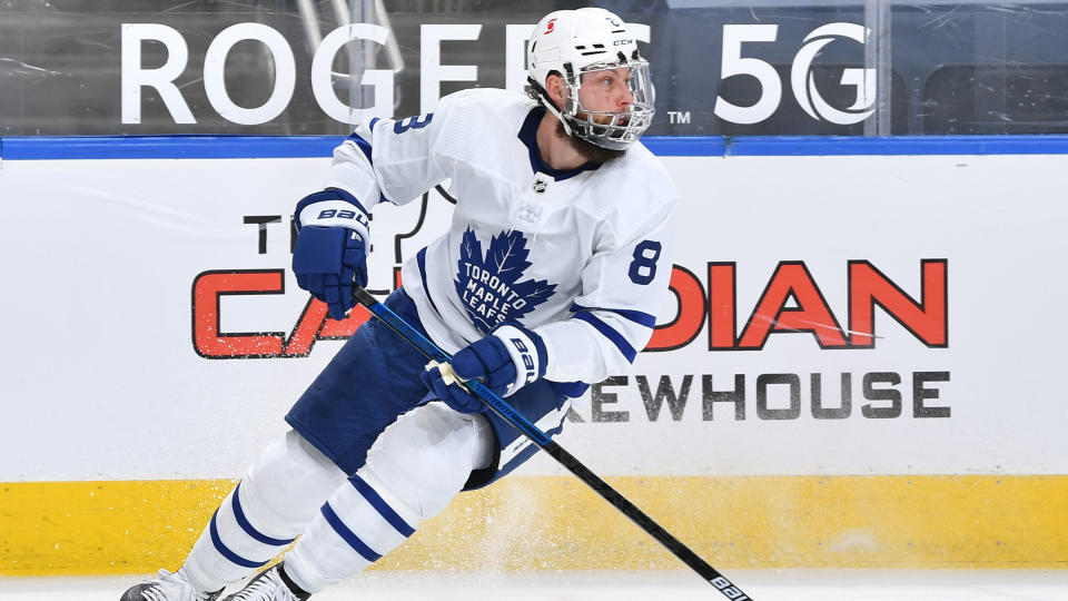 EDMONTON, AB - FEBRUARY 27:  Jake Muzzin #8 of the Toronto Maple Leafs skates during the game against the Edmonton Oilers on February 27, 2021 at Rogers Place in Edmonton, Alberta, Canada. (Photo by Andy Devlin/NHLI via Getty Images)