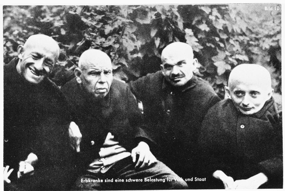 Nazi propaganda, showing four disabled men. The original caption reads: ‘Hereditary illnesses are a heavy burden for the people and the state’. United States Holocaust Memorial Museum, courtesy of G Howard Tellier