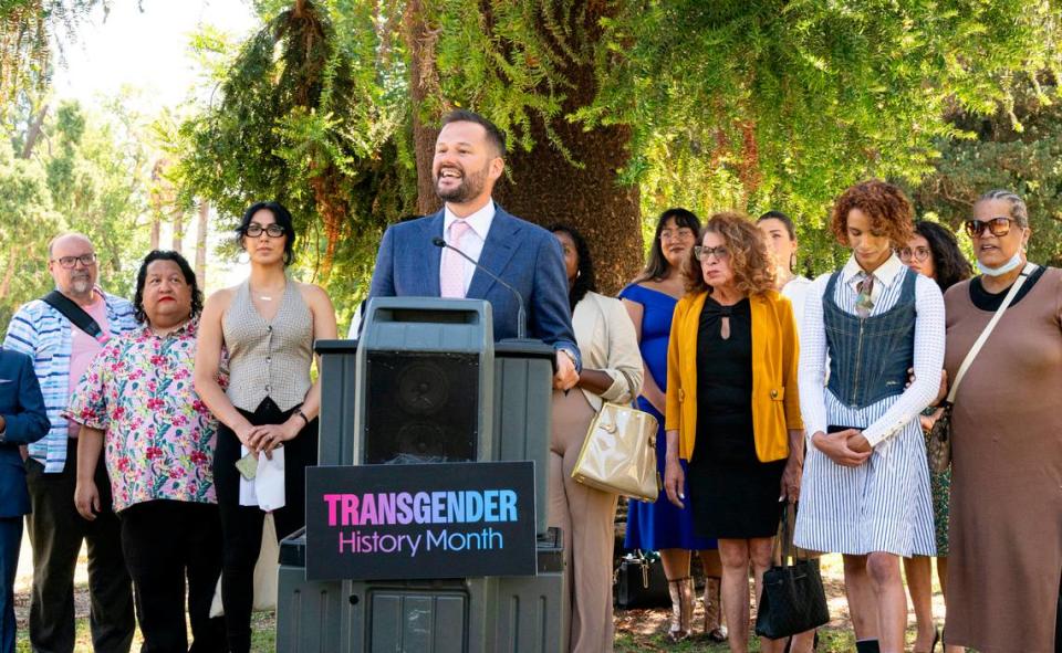 Assemblyman Matt Haney, D-San Francisco, speaks at the state Capitol on Wednesday, Sept. 6, 2023, about his resolution to declare the month of August as Transgender History Month.