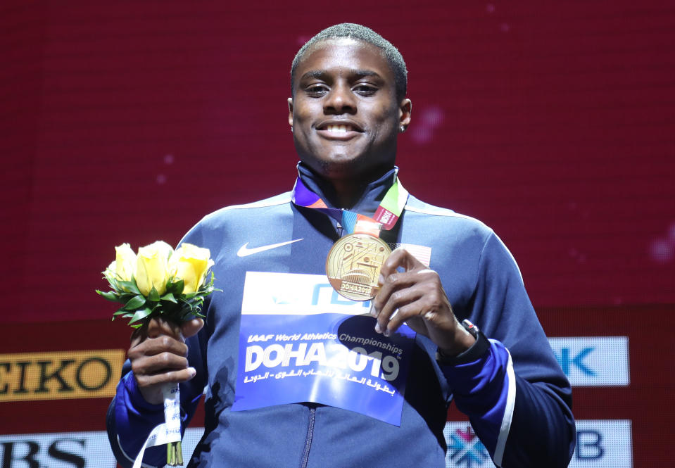 Gold medalist Christian Coleman of the US during the medal ceremony.