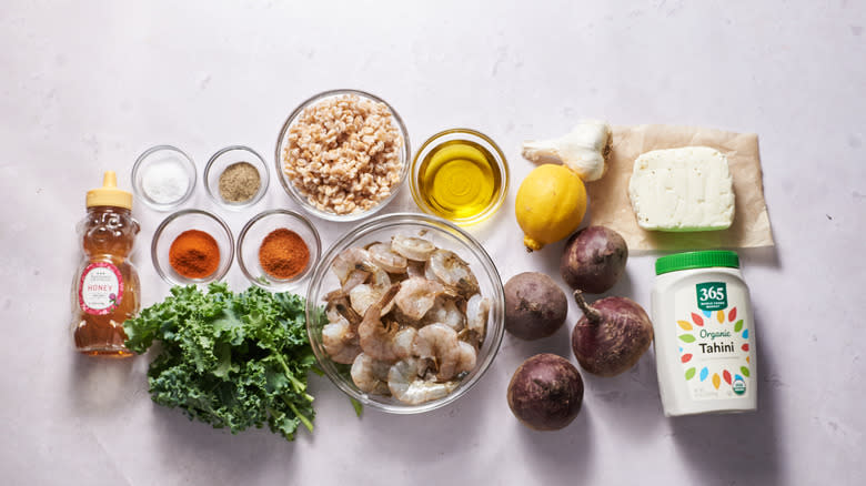 ingredients for shrimp and beet salad on table