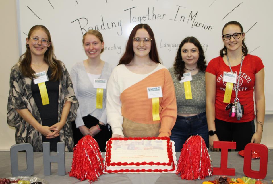 The Ohio State University at Marion students, from left, Cheyenne Anderson, Abigail Smith, Stephanie Karrick, Sydney Schryer, and Autumn Schafer were part of a team that researched the history of literacy initiatives in Marion. Not shown is student Casey Schetter.