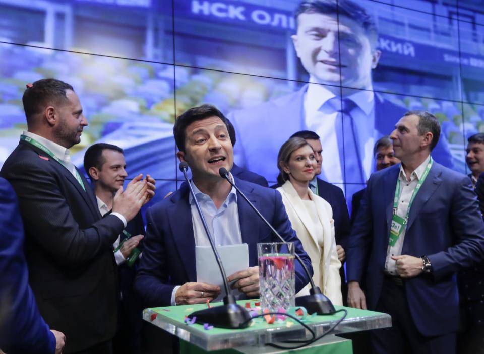 Ukrainian comedian and presidential candidate Volodymyr Zelenski speaks to his supporters at his headquarters after the second round of presidential elections in Kiev, Ukraine, Sunday, April 21, 2019. Ukrainians voted on Sunday in a presidential runoff as the nation's incumbent leader struggles to fend off a strong challenge by a comedian who denounces corruption and plays the role of president in a TV sitcom. (AP Photo/Sergei Grits)