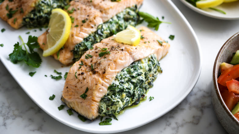 cheesy spinach stuffed salmon fillets