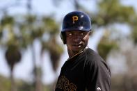 Pittsburgh Pirates' Gregory Polanco waits his turn to hit against live pitching during the team's baseball spring training workout in Bradenton, Fla., Thursday, Feb. 20, 2014. (AP Photo/Gene J. Puskar)