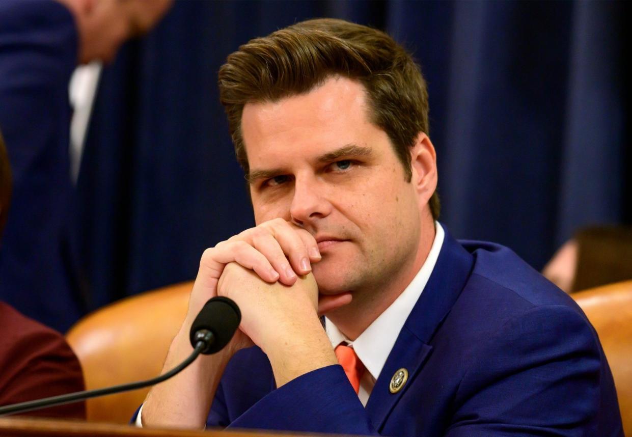Mandatory Credit: Photo by Shutterstock (10502369l)United States Representative Matt Gaetz (Republican of Florida) listens during opening statements as the US House Committee on the Judiciary begins its markup of House Resolution 755, Articles of Impeachment against President Donald Trump, in the Longworth House Office BuildingPresident Trump impeachment inquiry, Washington DC, USA - 11 Dec 2019.