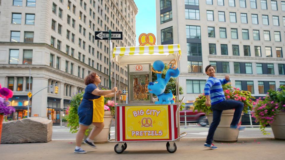 Josh (Josh Dela Cruz, far right) has the chance to audition for a Broadway musical and brings his canine buddy Blue along for the fun in "Blue's Big City Adventure."