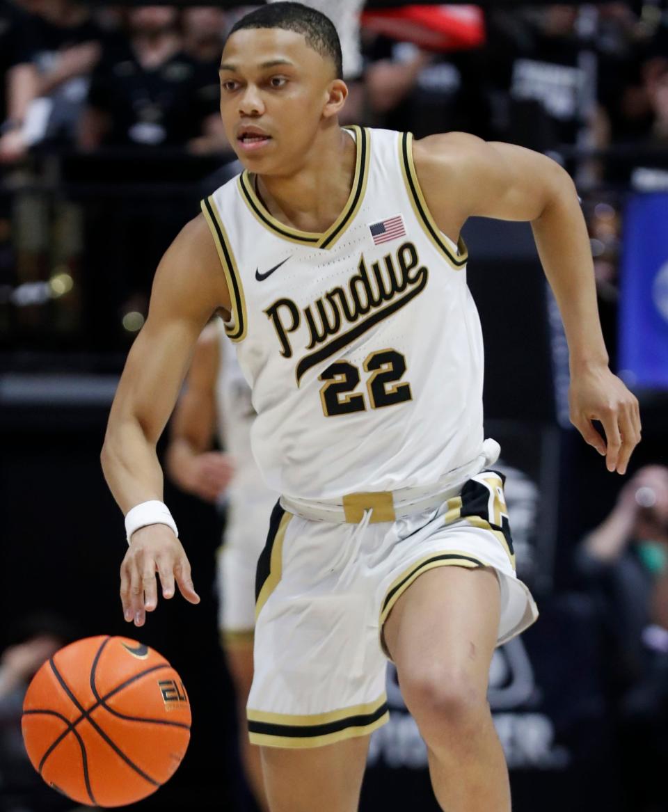 Purdue Boilermakers guard Chase Martin (22) drives to the basket during the NCAA’s men’s basketball game against the Ohio State Buckeyes, Sunday, Feb. 19, 2023, at Mackey Arena in West Lafayette, Ind. Purdue won 82-55.
