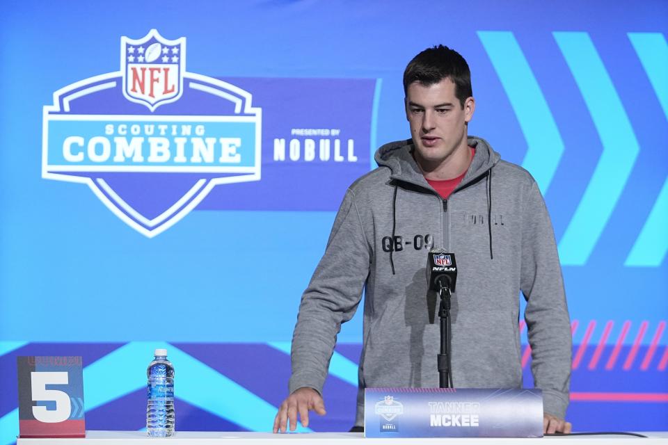 Stanford quarterback Tanner McKee speaks during a news conference at the NFL combine in Indianapolis, Friday, March 3, 2023. | Darron Cummings, Associated Press