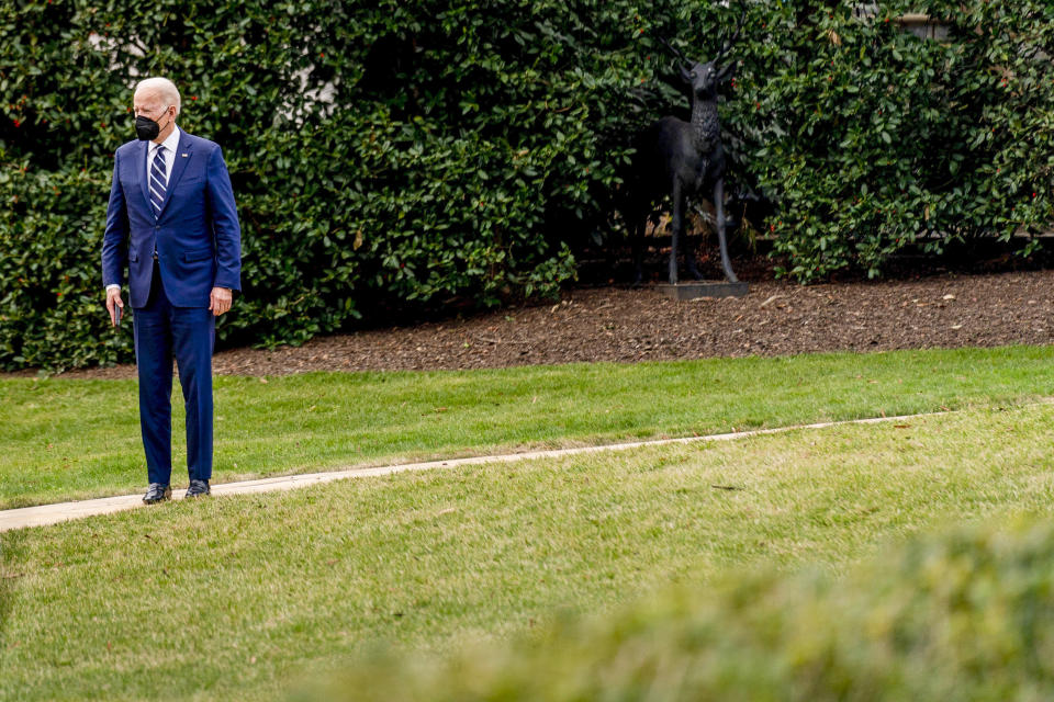 President Joe Biden walks towards the Oval Office of the White House after returning from a meeting with the Senate Democratic Caucus to discuss voting rights and election integrity, Thursday, Jan. 13, 2022, in Washington. (AP Photo/Andrew Harnik)