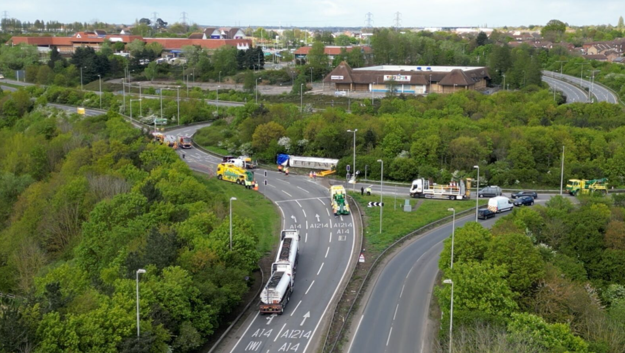 Copdock crash - drone image showing overturned tanker on the roundabout
