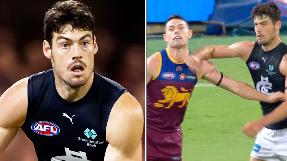 George Hewett (pictured) could find himself in hot water as AFL fans are divided over whether his strike should see him cop a ban. (Images: Getty Images/Fox Sports)