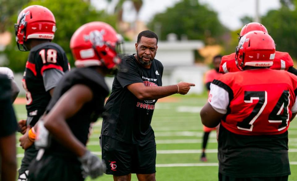 Miami Edison football coach Luther Campbell reacts as his players run drills during practice session at their school’s field in Miami’s Little Haiti neighborhood on Tuesday, September 7, 2021.