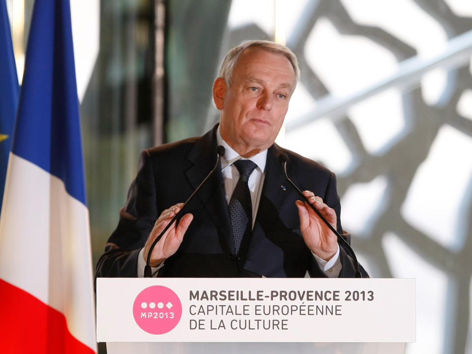 French First Minister Jean-Marc Ayrault delivers his New Year wishes ceremony speech, to the world of culture, in Marseille, southern France, Saturday, Jan. 12, 2013, at the occasion of the launch of "Marseille - Provence 2013, European capital of the culture". (AP Photo/Claude Paris)