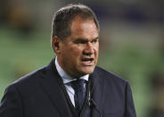 Australian coach Dave Rennie watches his players warm up ahead of the second rugby test between France and Australia in Melbourne, Australia, Tuesday, July 13, 2021. (AP Photo/Asanka Brendon Ratnayake)