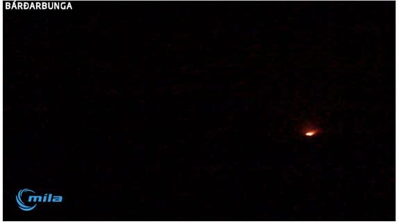 A webcam screen capture shows glowing lava erupting north of Iceland's Bardarbunga volcano.