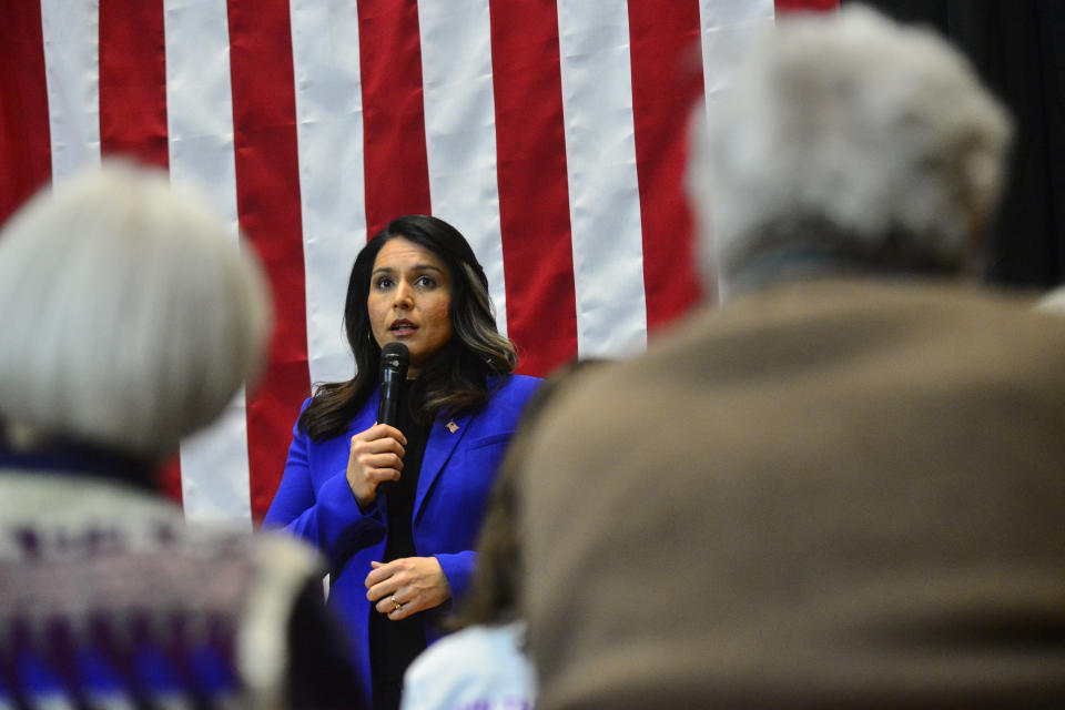 Democratic presidential candidate Rep. Tulsi Gabbard, D-Hawaii, holds a town hall at Keene State College, in Keene, N.H., on Wednesday, Feb. 5, 2020. (Kristopher Radder/Brattleboro Reformer via AP)