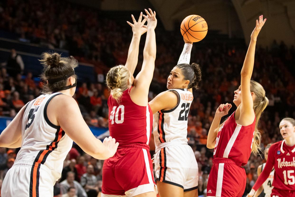Oregon State guard Talia von Oelhoffen passes off the ball as the Oregon State Beavers take on the Nebraska Huskers in the second round of the NCAA Tournament March 24 at Gill Coliseum in Corvallis.