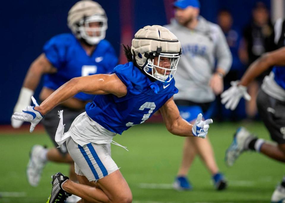 Duke’s Brandon Johnson (3) runs through a drill during the Blue Devils’ spring practice on Friday, March 24, 2023 in Durham, N.C.