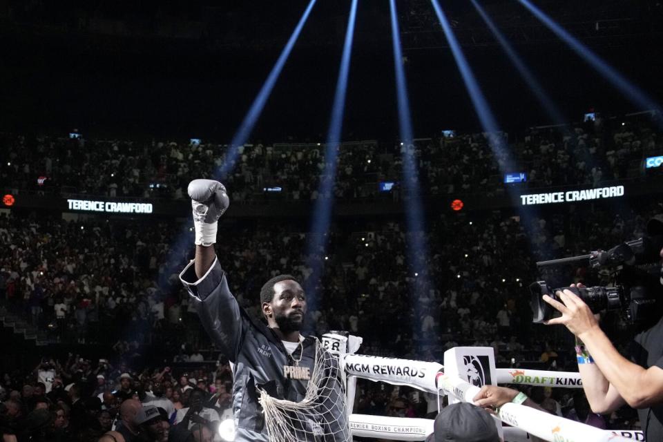 Terence Crawford salutes the crowd before entering the ring prior to his fight against Errol Spence Jr.